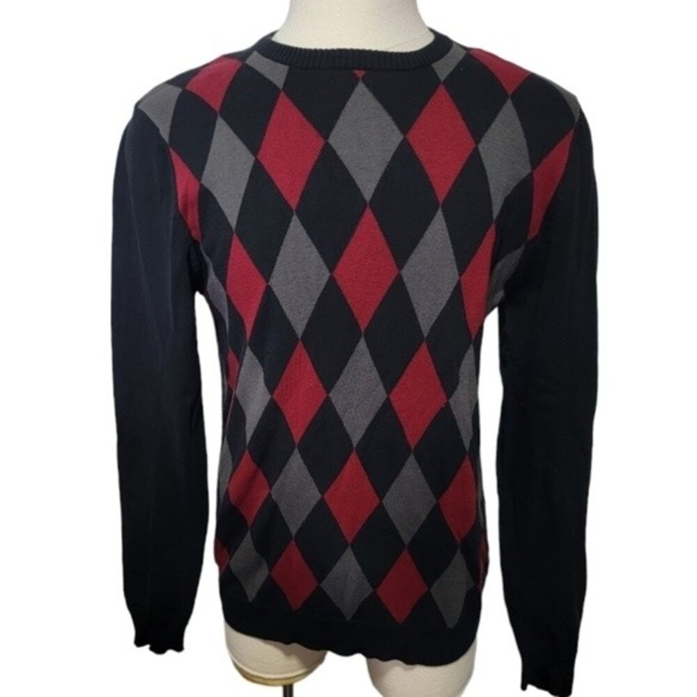 Buffalo David Bitton argyle black gray red crew neck pull on sweater size L *